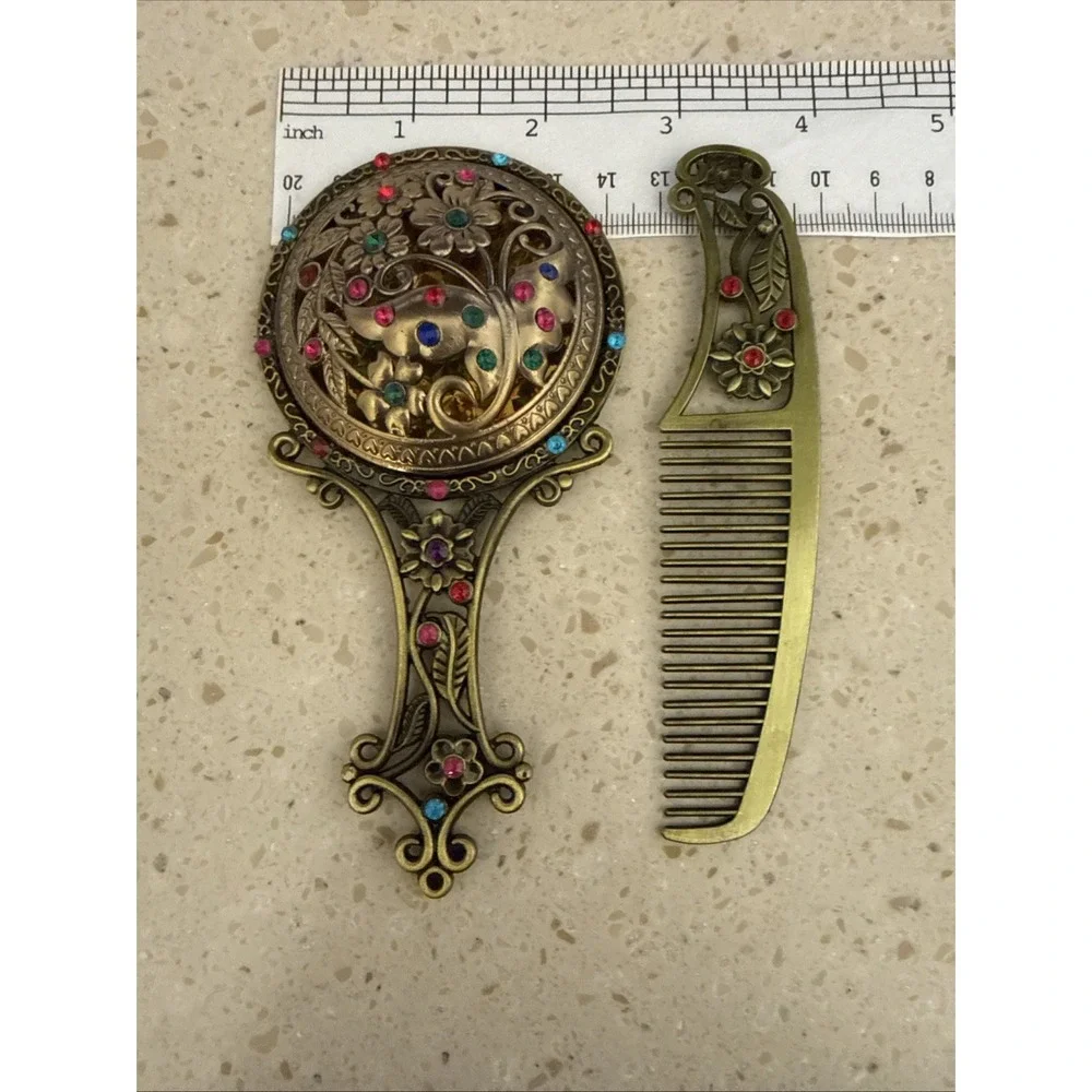 Vtg Style Hand Held Vanity Mirror Matching Comb Set Floral/Butterfly Rhinestone